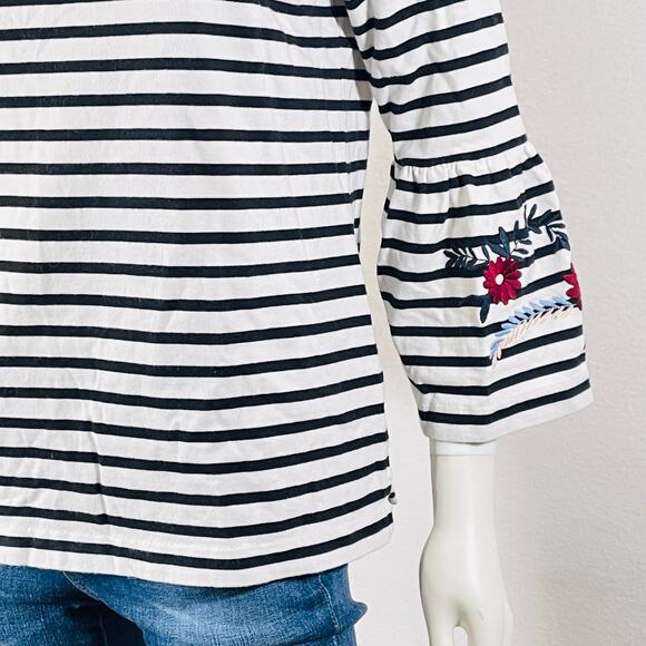 J. Crew Embroidered Knit Sweater Women's Medium White Striped Floral Bell Sleeve - Picture 12 of 15